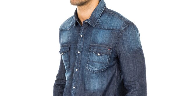 Pánska tmavo modrá džínsová košeľa Tommy Hilfiger