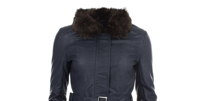 Dámsky tmavomodrý kabát s hnedým kožúškom COMPANY&CO