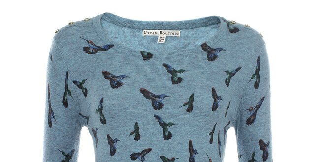 Dámsky bledomodrý sveter s vtáčikmi Uttam Boutique