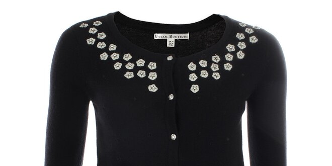 Dámsky čierny sveter s flitrovými kvetinami Uttam Boutique