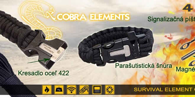 4 v 1 Náramok Parachute cord COBRA - magnéziové kresadlo, signalizačná píštala, náramok