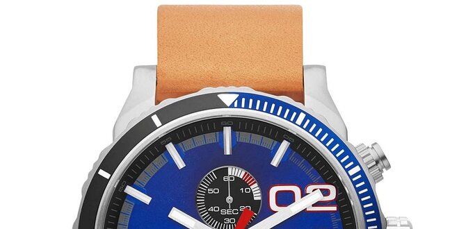 Pánske hodinky s modrým ciferníkom a svetlo hnedým remienkom Diesel