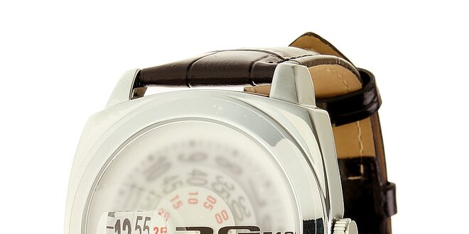 Unisexové oceľové hodinky s hnědým koženým páskem RG512