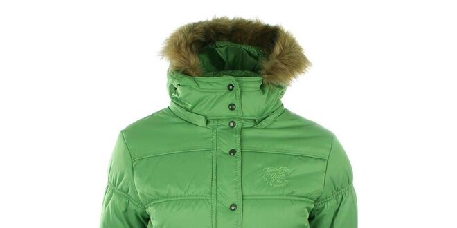 Dámska zelená zimná bunda s kapucňou s kožúškom Timeout