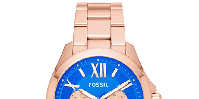 Dámske pozlátené hodinky s modrým ciferníkom Fossil