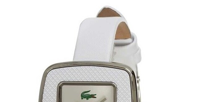 Dámske biele hodinky s hranatým ciferníkom a zeleným logom Lacoste