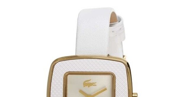 Dámske biele hodinky s hranatým ciferníkom a zlatým logom Lacoste