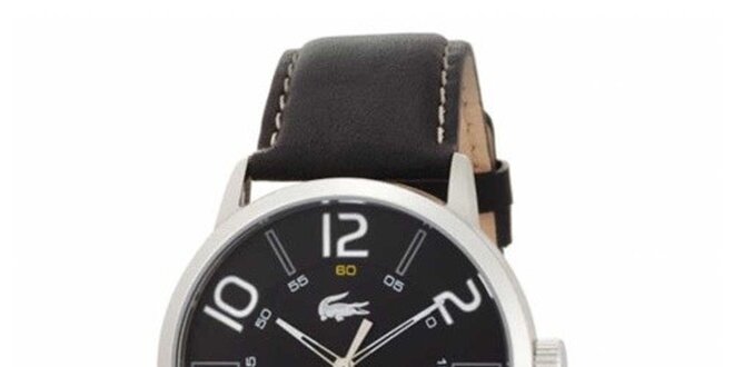 Pánske hodinky s čiernym koženým remienkom Lacoste
