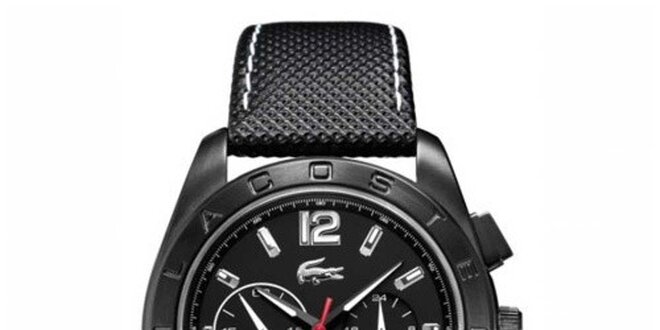 Pánske hodinky s čiernym koženým prešívaným remienkom Lacoste