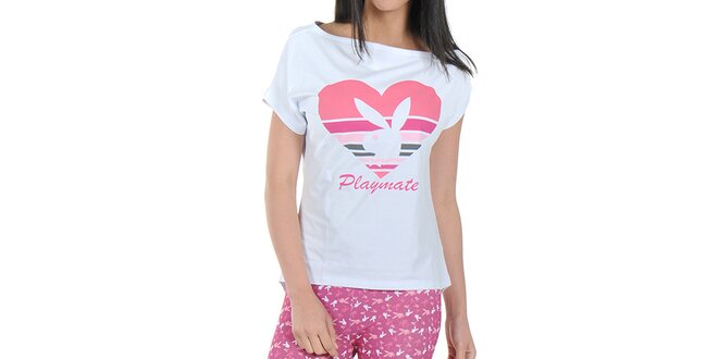 Dámske pyžamo Playboy - biele tričko a ružové legíny s potlačou Playboy