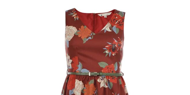 Dámske červené šaty s opaskom a farebnými kvetmi Yumi