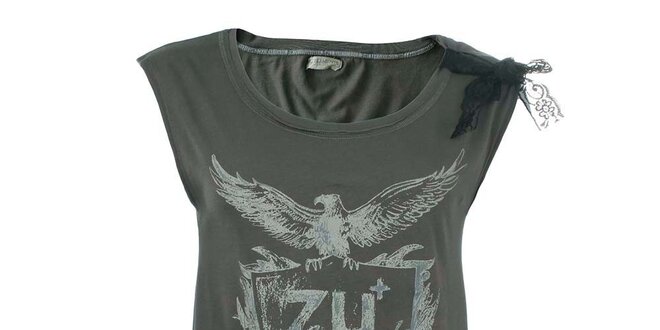 Dámske šedé tričko s potlačou a čipkou na ramene Zu Elements