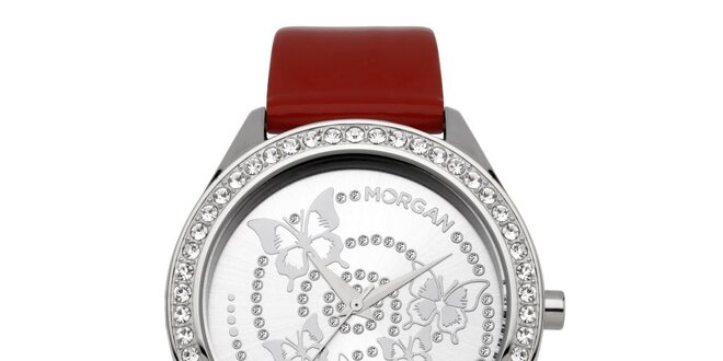 Dámske červené hodinky s kryštálmi a motýly Morgan de Toi