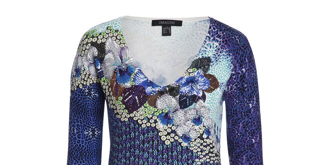 Dámsky modrý sveter s farebným vzorom Imagini