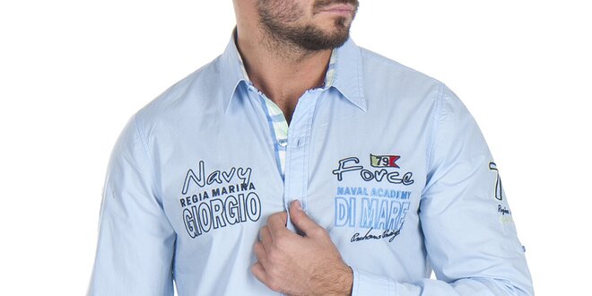 Pánska svetlo modrá košeľa s vyšívanými nápismi Giorgio Di Mare