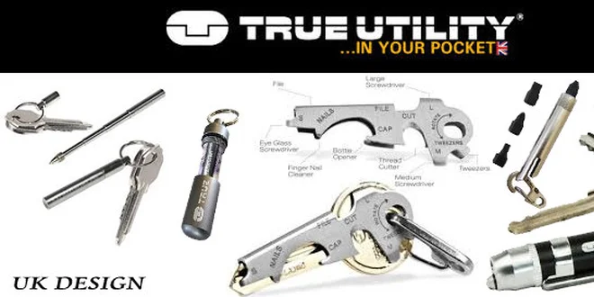 Multifunkčné nástroje TRUE UTILITY® - Veľká Británia. OUTDOOR TOOLs. 7 druhov.