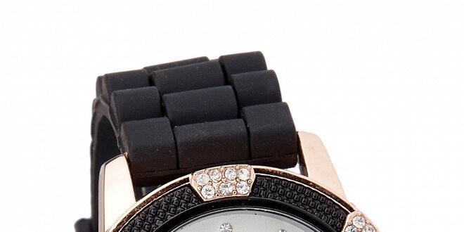 Dámske čierno-zlaté hodinky Bague a Dames s kamienkami a silikonovým remienkom