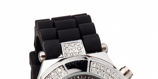 Dámske čierno-strieborné hodinky Bague a Dames so silikonovým remienkom a kamienkami