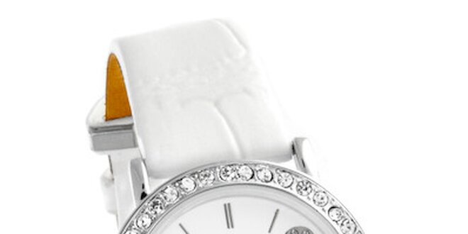 Dámske strieborné hodinky Bague a Dames s bielym koženým remienkom a kamienkami