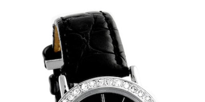 Dámske strieborné hodinky Bague a Dames s čiernym koženým remienkom a kamienkami