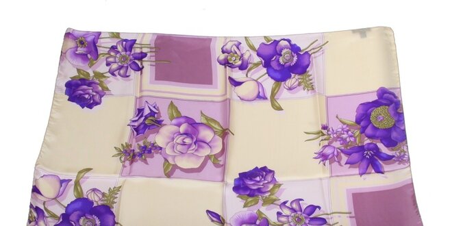 Dámska krémovo-fialová hodvábna šatka s kvetinovým vzorom Gianfranco Ferré