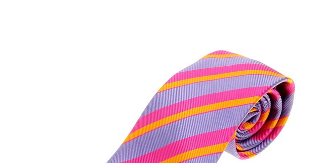 Pánska fialová prúžkovaná kravata Les Copains s ružovými a oranžovými prúžkami