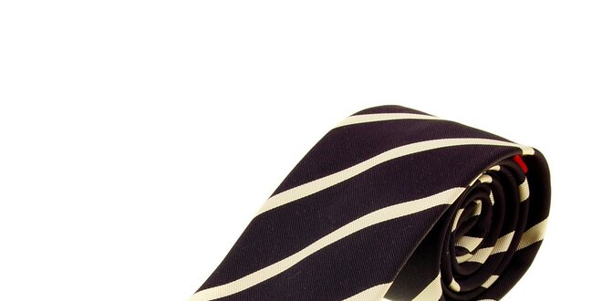 Pánska čierna hodvábna kravata Moschino s béžovými prúžkami
