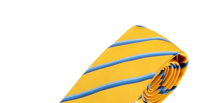 Pánska žltá kravata Les Copains s modrými prúžkami