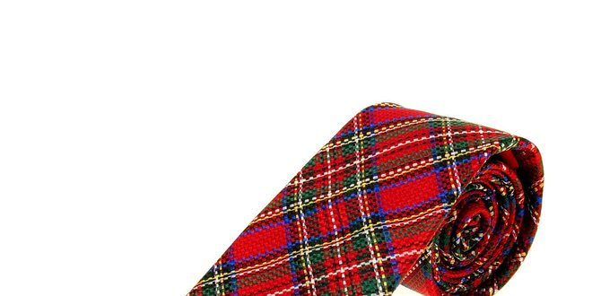 Pánska červená kravata Moschino so škótskym kockovaným vzorom a modrými detailmi