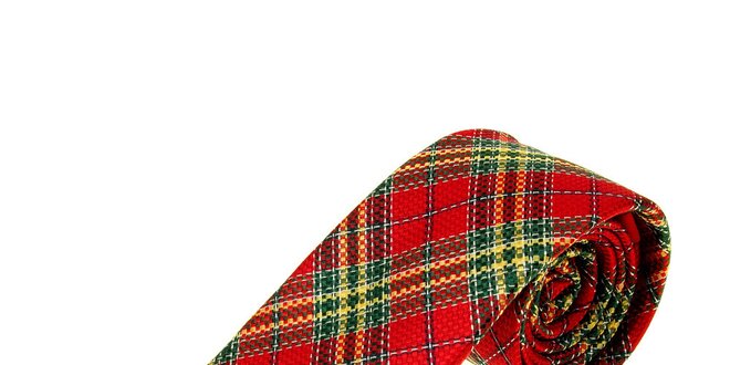 Pánska červená kravata Moschino so škótskym kockovaným vzorom