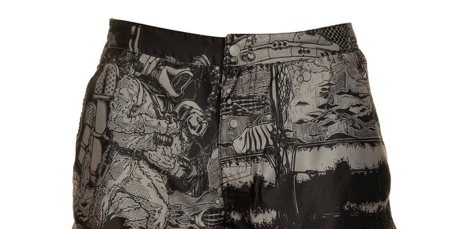 Pánske čierno-šedé kúpacie šortky Fundango s grafickou potlačou