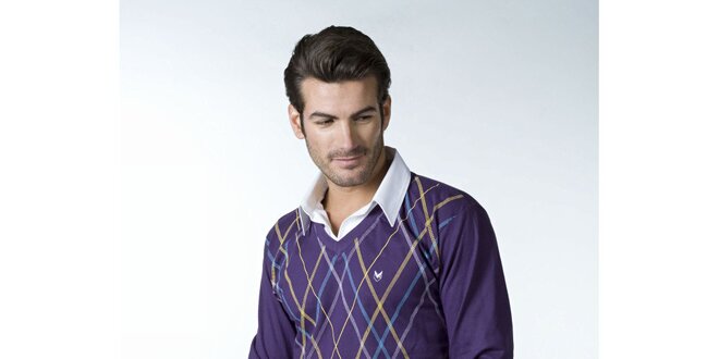 Pánske fialové tričko CLK s košeľovým golierikom a károvaným vzorom