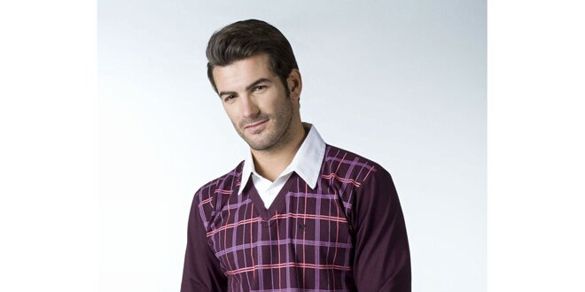 Pánske vínové tričko CLK s kockovaným vzorom a košeľovým golierikom