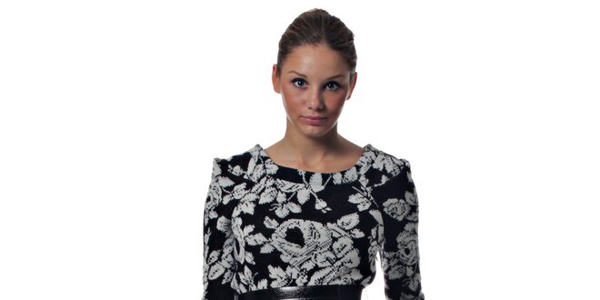 Dámske čiernobiele pletené šaty Miss Sixty s kvetinovým vzorom a opaskom