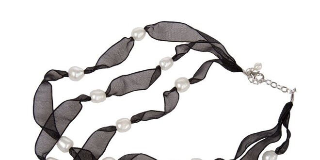 Dámsky čierny hodvábny náhrdelník Arla s bielymi perlami