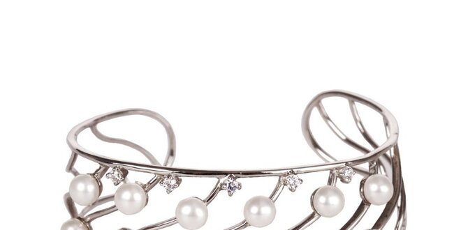 Dámsky strieborný náramok Arla s perlovými korálkami a kryštálmi