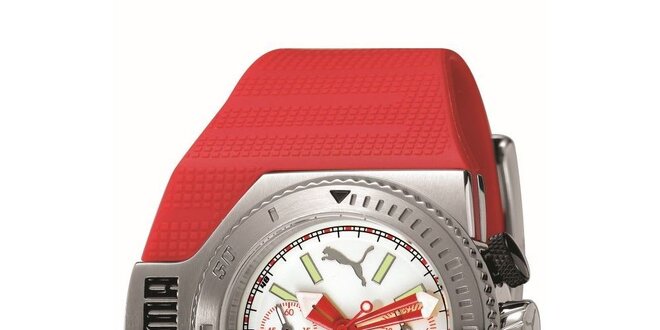 Červené analogové hodinky s bielymi detailami Puma