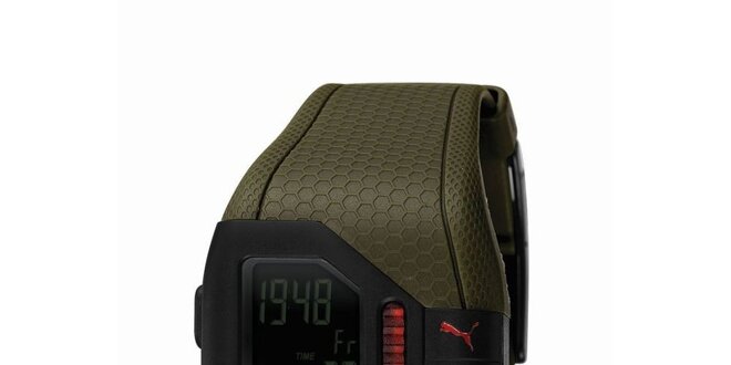 Pánske zelené digitálne hodinky s červenými detailami Puma