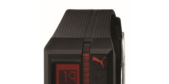 Tmavo fialové digitálne hodinky s červenými detailami Puma
