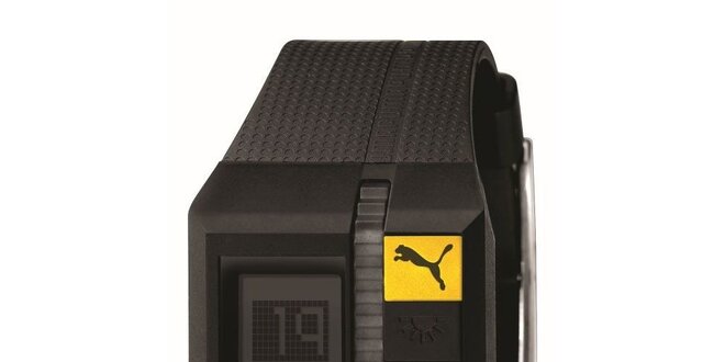 Pánske hnedé digitálne hodinky so žltým detailom Puma