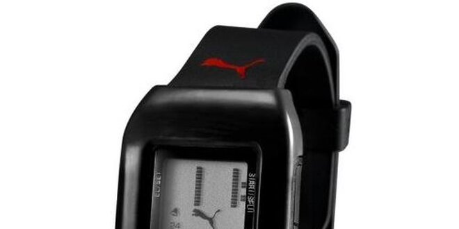 Čierne digitálne hodinky s červenými detailami Puma