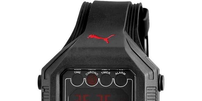 Pánske čierne digitálne hodinky červenými deatilami Puma