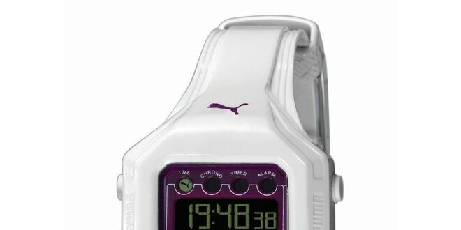 Bielo-fialové digitálne hodinky Puma