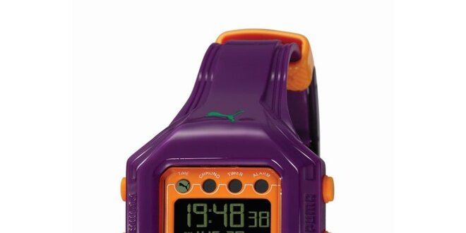 Fialovo-oranžové digitálne hodinky Puma