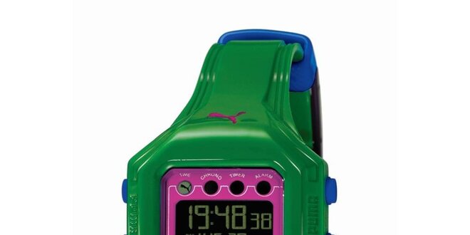 Zeleno-ružové digitálne hodinky s modrými detailami Puma