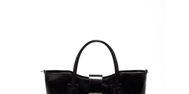 Dámska čierna kožená kabelka so strieborným zámočkom Renata Corsi