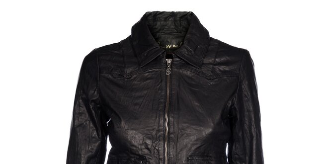 Dámska čierna kožená bunda Pepe Jeans s pokrčeným efektom