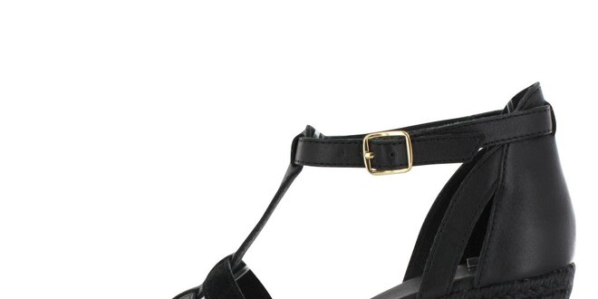 Dámske čierne sandálky Flip Flop na vysokom jutovom podpätku