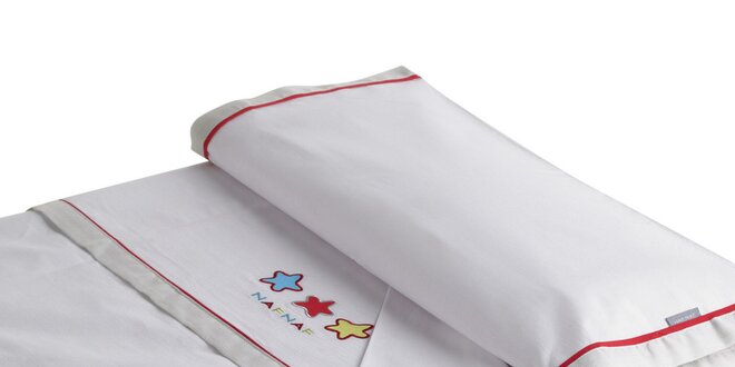 Detský biely posteľný set s červenými lemami a potlačou Naf Naf pre mini postieľku