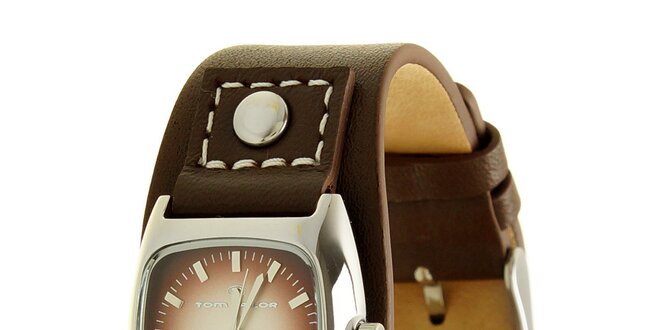 Dámske čierne analogové hodinky s koženým remienkom  a vínovým ciferníkom Tom Tailor